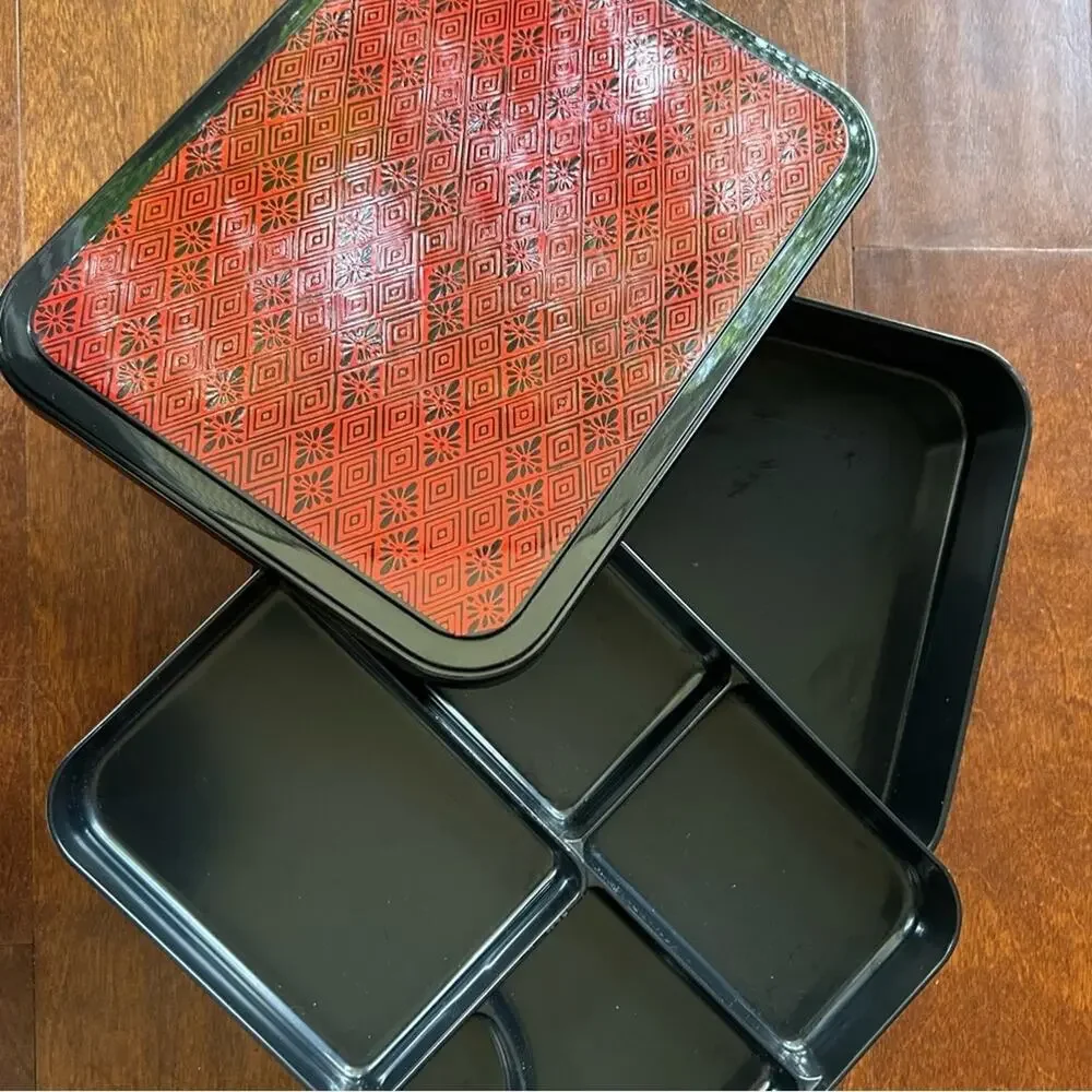 Japanese Bento Box, Black & Red Geometric Pattern, Nice Big Size For Adult Meal
